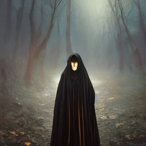 Image similar to a portrait of a young woman wearing a long dark cloak, hood and shadows covering face, holding golden chains, oil painting, matte painting, black background, Volumetric Golden dappled dynamic lighting, Highly Detailed, Cinematic Lighting, Unreal Engine, 8k, HD, by Beksinski