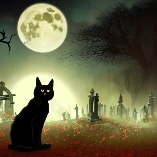 Image similar to an ultra detailed animation of a black cat in a graveyard at midnight on halloween tattoo, digital art, dark fantasy, concept art, soulslike, by alphonse mucha, blood moon eclipse, ruined building in the background, artstation, 8 k, unreal engine render