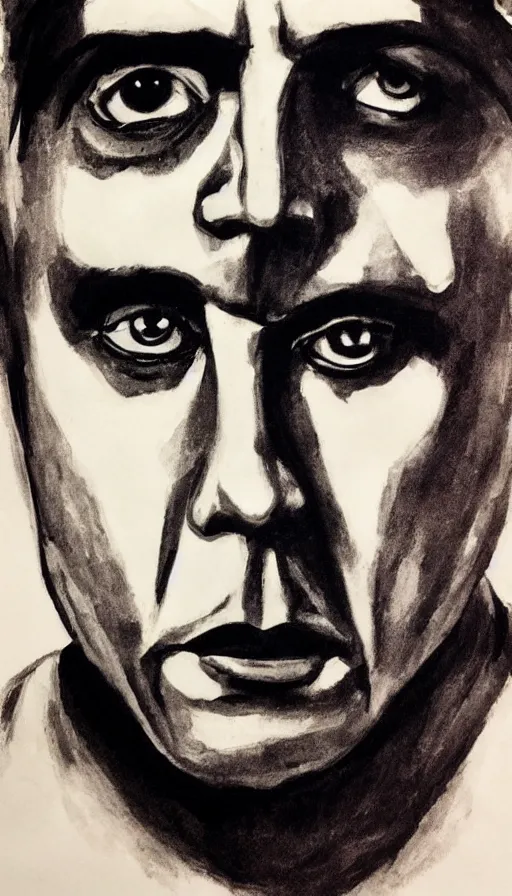 Image similar to close up. perfect symmetric face, coherent symmetric eyes. detailed face. tony montana from movie scarface. ink paint