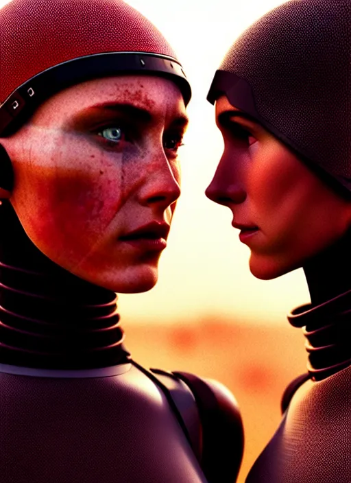 Image similar to cinestill 5 0 d photographic portrait by steve mccurry of two loving female androids wearing rugged black mesh techwear on a desolate plain with a red sky, extreme closeup, cyberpunk style, dust storm, 8 k, hd, high resolution, 3 5 mm, f / 3 2, ultra realistic faces, ex machina, blade runner