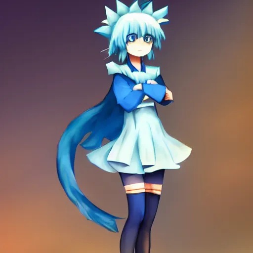 Prompt: cirno touhou, short blue hair, folded arms, standing, trending on artstation