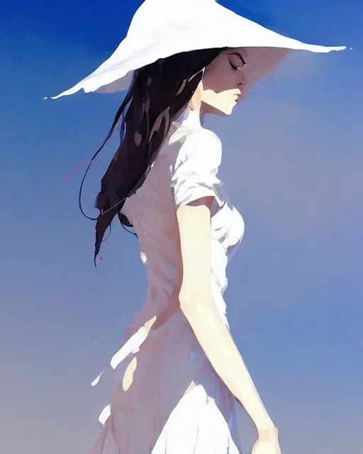 Image similar to a ultradetailed beautiful painting of a stylish woman wearing a white dress with a sun hat, by conrad roset, greg rutkowski and makoto shinkai trending on artstation