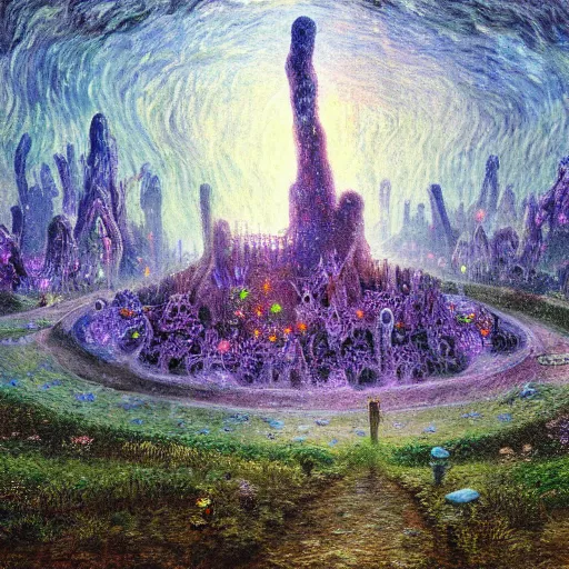 Image similar to concept art detailed painting of a dark purple fantasy fairytale fungal town made of mushrooms, with glowing blue lights, in the style of wayne barlowe and vincent van gogh and albert bierstadt and claude monet