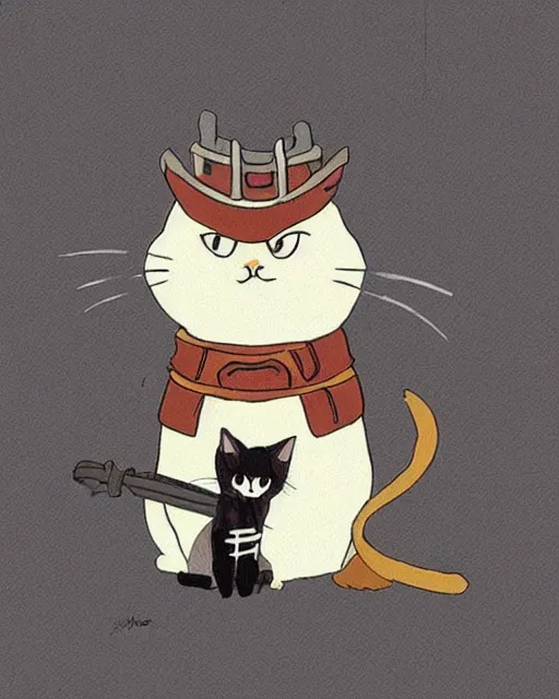 Image similar to cat dressed as a samurai in the style of studio ghibli