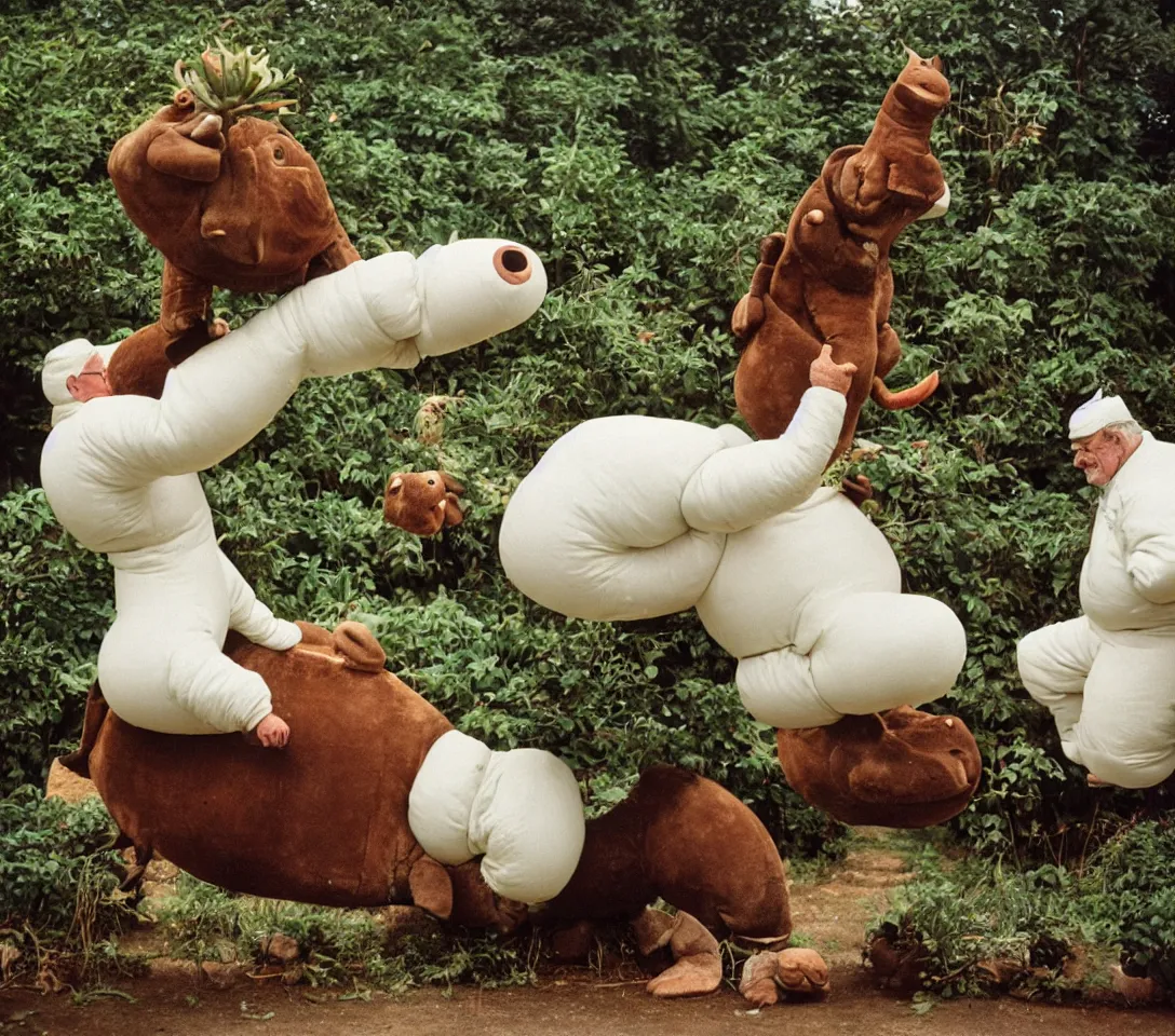 Image similar to a 3 5 mm photography, kodachrome colour, of grandpa with white michelin man costume, riding a hippo, strange creatures and alien plants around, photos taken by martin parr