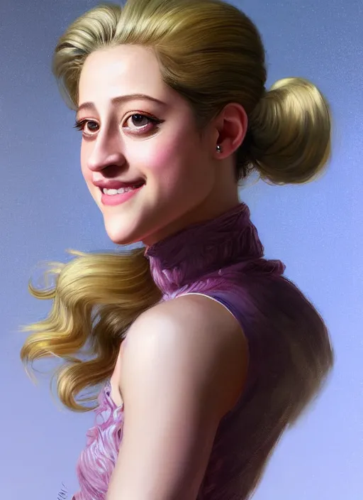 Image similar to portrait of lili reinhart with fluffy bangs, smiling kindly, bangs, 1 9 6 0 s, ponytail, curly bangs and ponytail, intricate, elegant, glowing lights, highly detailed, digital painting, artstation, concept art, smooth, sharp focus, illustration, art by wlop, mars ravelo and greg rutkowski