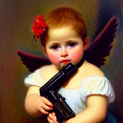 Image similar to full body portrait of a baby cupid with angel wings wearing balaclava mask, holding a gun, emile munier 1 8 9 5, french, cupid, boy, angel, painting, global illumination, radiant light, detailed and intricate environment h 6 4 0