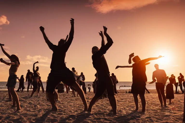 Image similar to everyone dancing at a party at the beach, drinking, food, bar, music, praising the sun, golden hour, cinematic, atmospheric, 8k resolution, Hyperrealistic