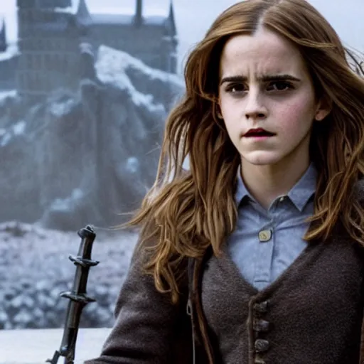 Prompt: Photo of Emma Watson as Hermione Granger using a tank in Hogwarts