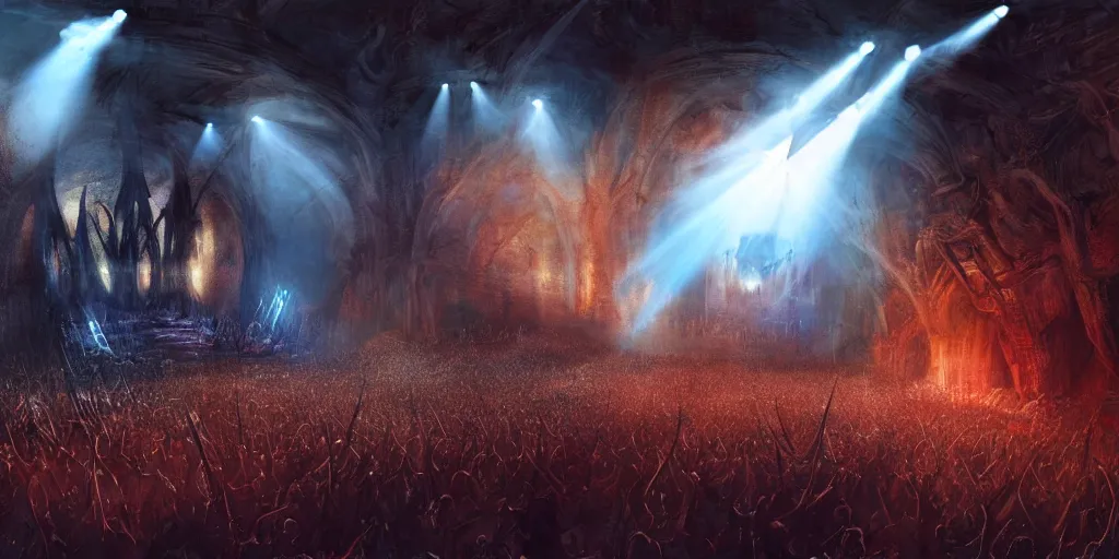 Image similar to ambience, atmosphere, sunbeams, concept art for sauron playing rock guitar concert to a crowd of orcs, lord of the rings, peter jackson, studio ghibli, detailed, realistic lighting, volumetric lighting, golden hour,