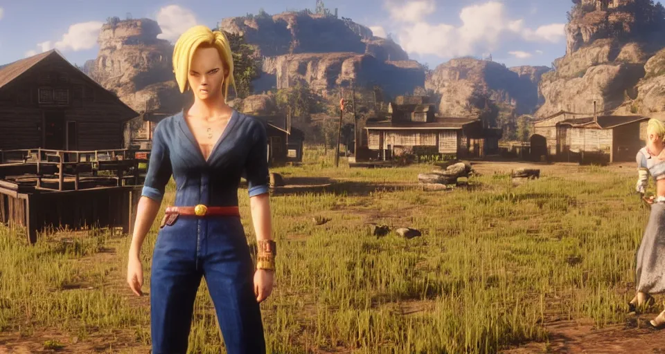 Prompt: Screenshot of Android 18 from DBZ in western attire in the videogame 'Red Dead Redemption 2' in a saloon environment. Sharpened. 1080p. High-res. Ultra graphical settings.