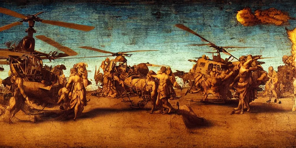 Prompt: Colored 4k movie scene of Leonardo Da Vinci crashinh on the ground on a wooden helicopter prototype. Film scene. Dust. Flames. Leonardo Da vinci in panic. Great light. Sunny day.