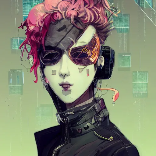 Image similar to high - angle, combat pose of a grungy cyberpunk anime, very cute, by super ss, cyberpunk fashion, curly pink hair, night sky by wlop, james jean, victo ngai, muted colors, highly detailed