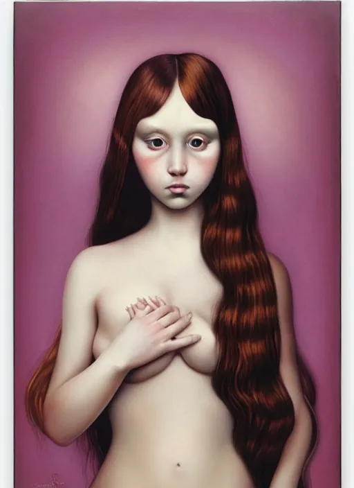 Image similar to pop surrealism, hyper realism, muted colors seductive female venus, cute girl, long hair, art by mark ryden, trevor brown