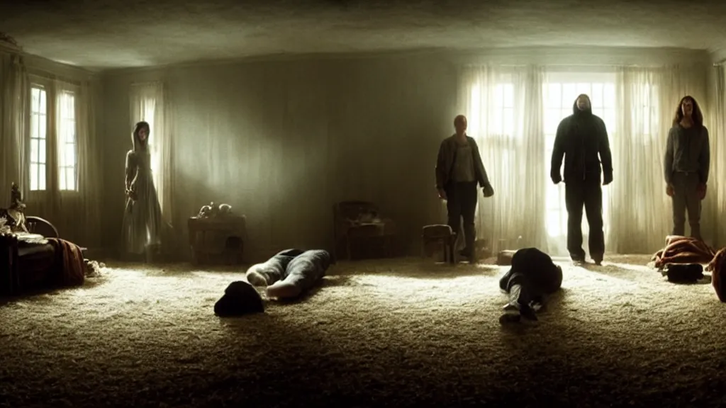 Image similar to the strangers inside the upside down house, film still from the movie directed by denis villeneuve and david cronenberg, with art direction by salvador dali, wide lens