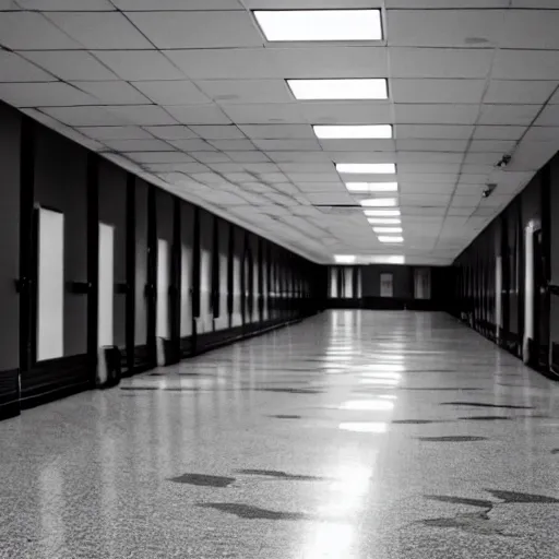 Prompt: a lonely school hallway, with some windows and lockers on the sides, at midnight, liminal space, grainy footage, fluorescent lights,