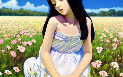 Image similar to little girl with her long black hair dressed in a simple white dress laying down on a flowery field, anime art style, digital art by ilya kuvshinov, inspired by balthus, hd, 4 k, hyper detailed, rear view