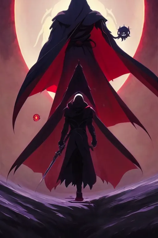 Image similar to video game cover, reaper dressed with a cape surrounded by demons, mid view, design on a black background, by studio muti, greg rutkowski makoto shinkai takashi takeuchi studio ghibli