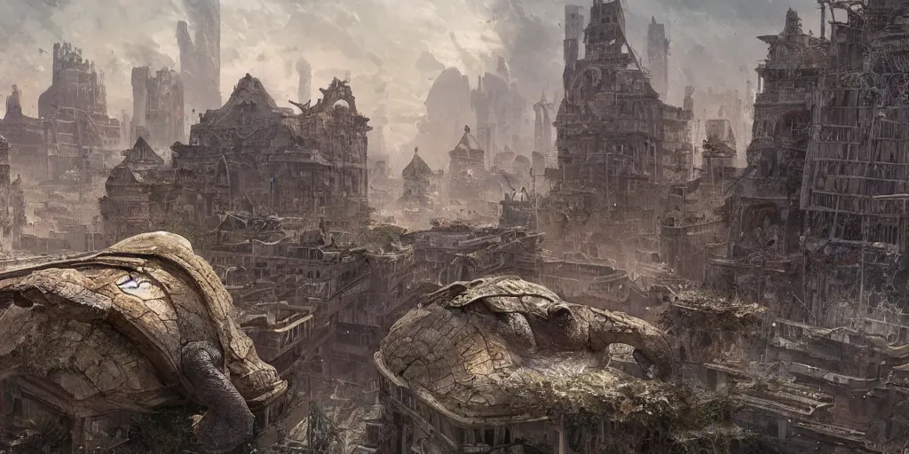 Image similar to abandoned city built on the back of a huge ancient turtle, greg rutkowski, 8 k, shallow depth of field, intricate detail, concept art,