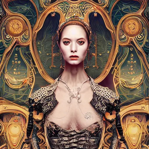 Prompt: the portrait of an absurdly graceful, sophisticated, fashionable ottomanpunk robotess idol, an ultrafine hyperdetailed illustration by kim jisu, intricate linework, neon wiring, porcelain skin, unreal engine 5 highly rendered, global illumination, radiant light, detailed and intricate environment, by rutkowski, artgerm,