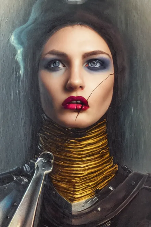 Image similar to hyperrealism oil painting, close - up portrait of european medieval brunette vampire fashion model, knight, steel gradient mixed with nebula sky, in style of baroque