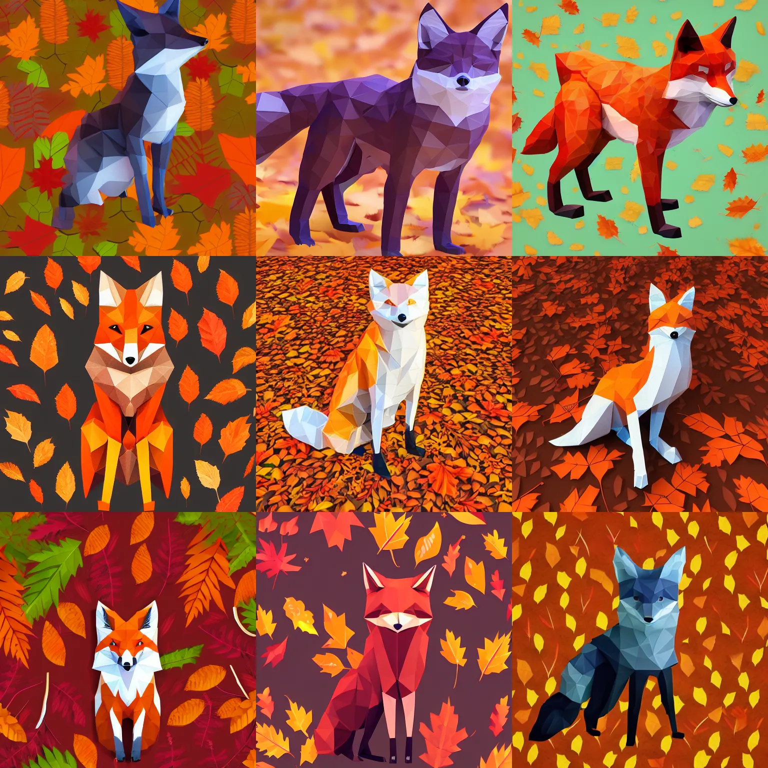 Prompt: super detailed lowpoly fox standing on hyper detailed lowpoly autumn leaves autumn leaves autumn leaves autumn leaves