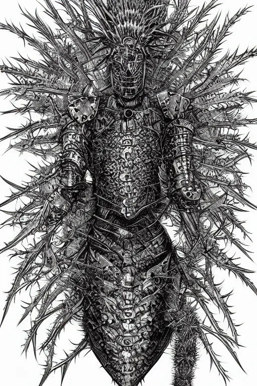 Image similar to thistle humanoid heavily armoured, symmetrical, highly detailed, digital art, needles, thorns, cactus, sharp focus, trending on art station, kentaro miura manga art style