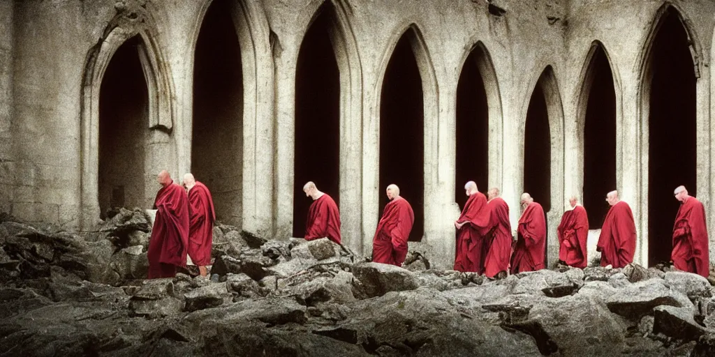 Image similar to robed benedictine monks sing in a boreal crumbling stone gothic brutalist monastery kodak portra ektachrome, chromatic aberration, film grain, bokeh