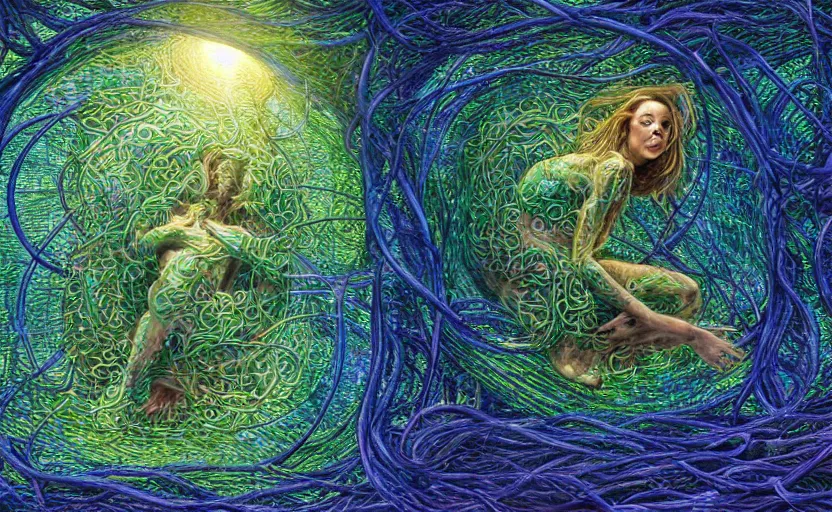 Prompt: a person trapped in the fetal position inside of extremely thick iridescent vines intertwined, central circular composition, high saturation, epic lighting, in the style of Peter gric and Amanda Sage 8k