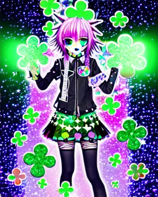 Image similar to a hologram of decora styled green haired yotsuba koiwai wearing a gothic spiked jacket, background full of lucky clovers and shinning stars, holography, irridescent, baroque visual kei decora art