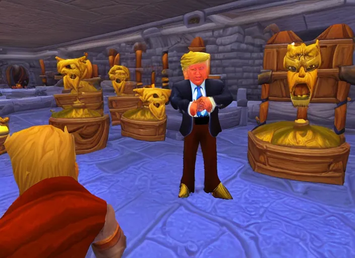 Prompt: donald trump at the auction house in ironforge world of warcraft