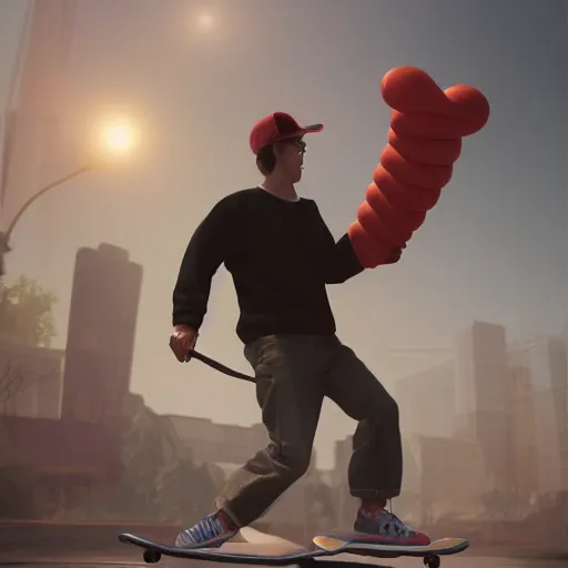 Prompt: a man skateboarding surrounded by inflatables digital painting, artstation, concept art, soft light, hdri, smooth, sharp focus, illustration, intricate, elegant, highly detailed, matte painting, in the style of Greg Rutkowski, 8k, highly detailed