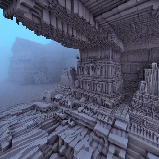 Image similar to inception lovecraft city carved from rock underground another inverted upside down above, voxel render, cinematic warm volumetric lighting