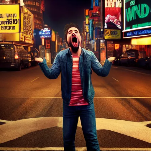 Image similar to broadway play poster of a young angry man screaming in the middle of street, high definition, highly detailed, photo-realistic, unreal engine render, 16k,