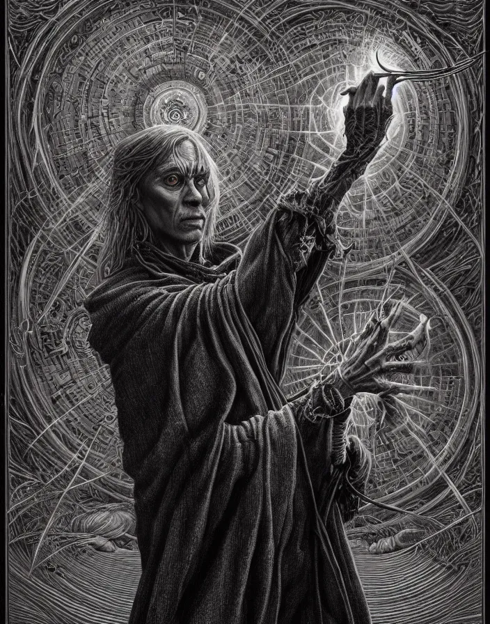 Image similar to highly detailed portrait of a dark mage casting a spell by alex grey, patrick woodroffe, mark ryden created by gustave dore and greg rutkowski, high detailed, smooth draw, synthwave neon retro, intricate, realistic proportions, dramatic lighting, trending on artstation