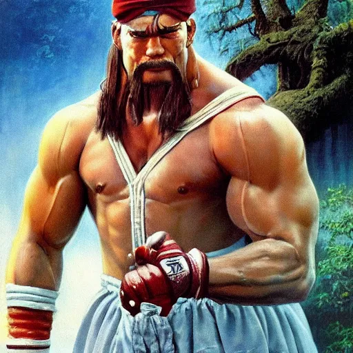 Image similar to ultra realistic forest gump as ryu from street fighter, painting by frank frazetta, 4 k, ultra realistic, highly detailed,