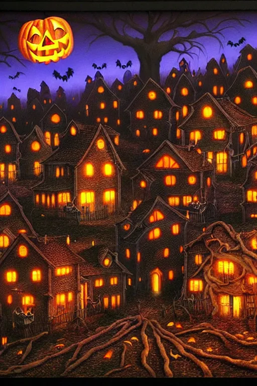 Image similar to a hyperrealistic painting of a haunted autumn night village with halloween decorations invasion, by chris cunningham and richard corben, highly detailed, vivid color,