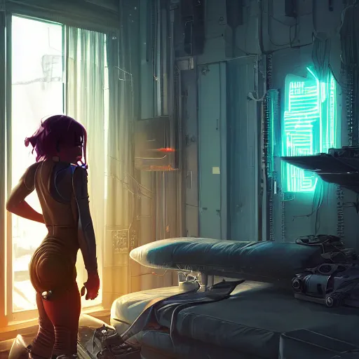 Prompt: a cyborg girl dreaming in cyberpunk apartment, render, octane, 4k, highly detailed, vivid colors, light and shadow, high definition, by James Gilleard and Makoto Shinkai