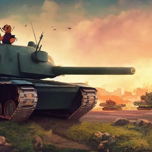 Prompt: winnie the pooh sitting in front of chinese type 5 9 battletank at 1 9 8 9 tiananmen square protest, highly detailed, photorealistic, octane render, 8 k, unreal engine. art by artgerm and greg rutkowski and alphonse mucha, epic vibrant