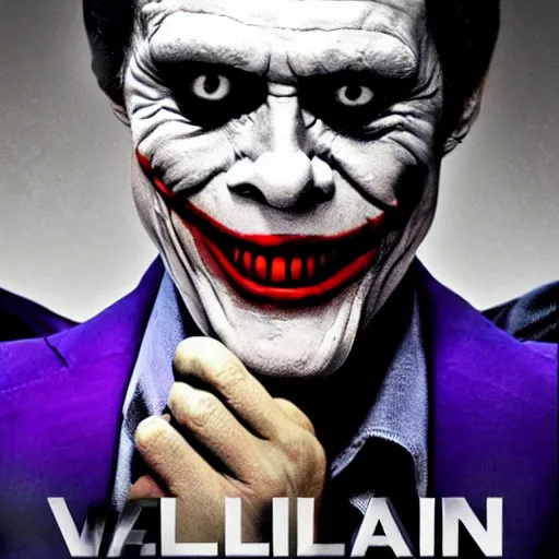 Image similar to willem dafoe as the joker, movie poster, superrealism, quality, post - production, image depth, focus, fine details, skin pores, makeup, frowning, mysterious, hazy, 3 d computer render, 8 k