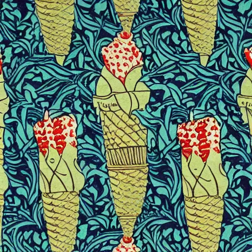 Image similar to a william morris pattern of ice cream cones and vines