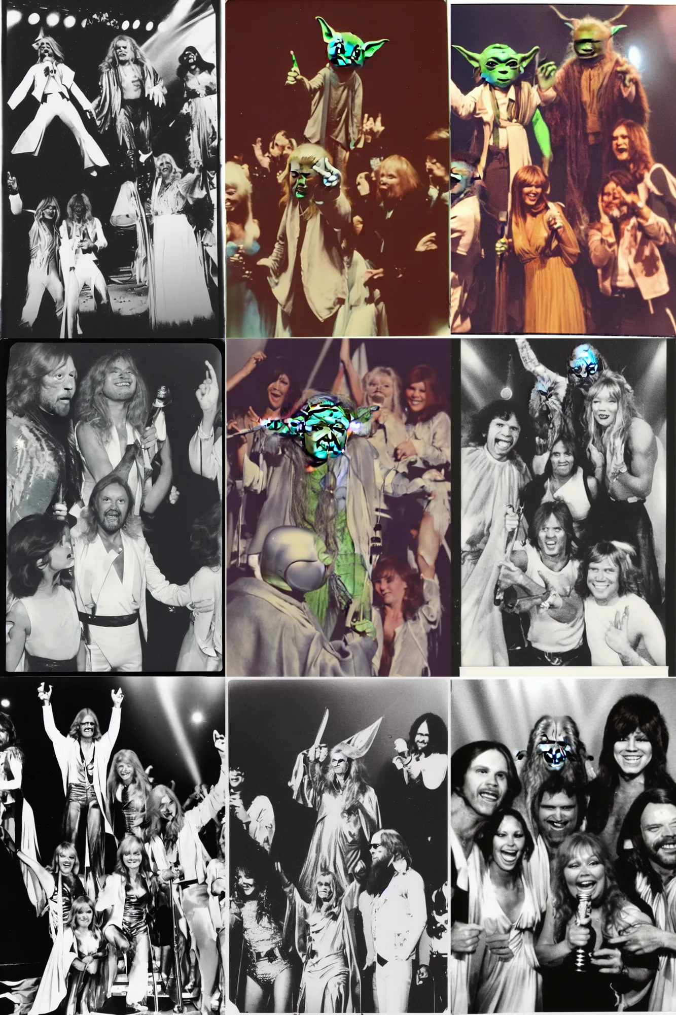 Prompt: polaroid photo of yoda winning eurovision and celebrating with abba on stage in the 70s