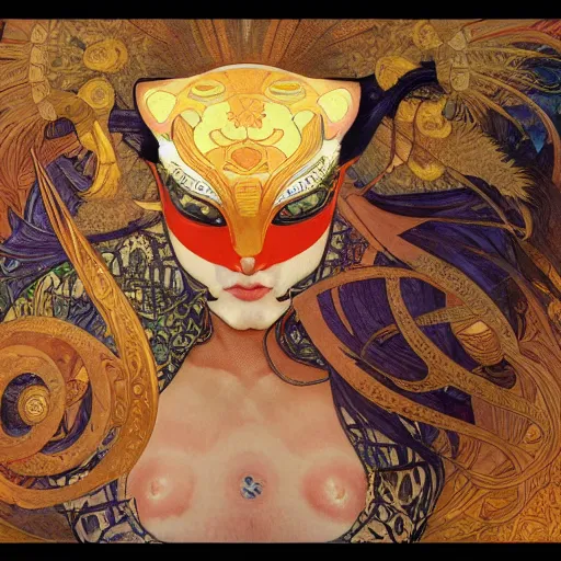 Image similar to cat superhero with kabuki mask, gorgeous, beautiful, intricate, highly detailed, digital painting, artstation, oppressive lighting, concept art, sharp focus, illustration, art by donato giancola and alphonse mucha, background by James Jean and gustav klimt, 4k, volumetric lighting, french nouveau