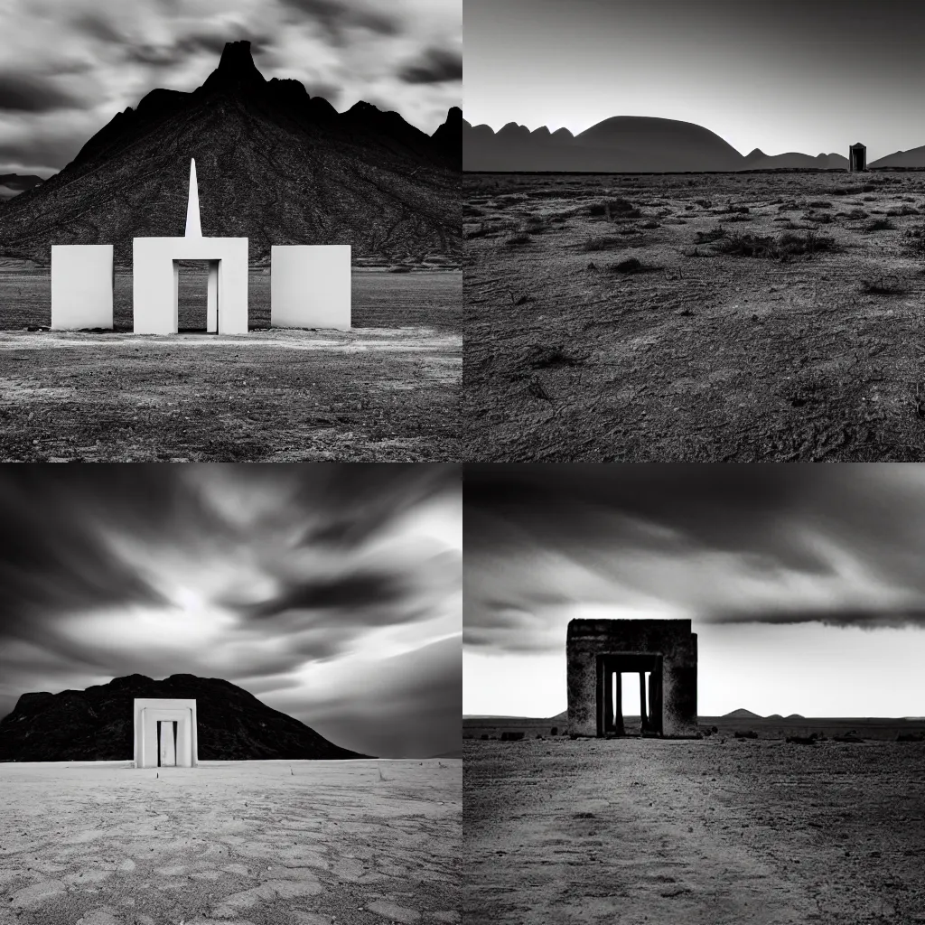 Prompt: eerie white pagan temple alone in desert, dark sky, black clouds, there are blurry mountains in the background, monochrome