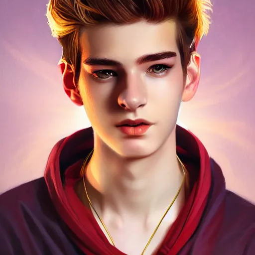 Image similar to colorful Captivating teenage boy with brown blond short quiff hair and facial structure like andrew garfield, brown eyes with red eye markers, slim body, wearing a detailed Japanese kimono with golden details, atmospheric lighting, painted, intricate, 4k, highly detailed by Charlie Bowater