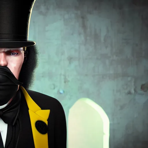 Image similar to a highly detailed portrait of a man in a high top hat covering his face, in a black tailcoat with a yellow waistcoat under the tailcoat, artstation, deviantart, professional, octane render, unreal engine 5