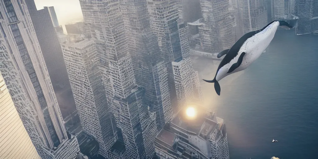 Prompt: a huge whale is floating in the air near a skyscraper, surreale, epic, cinematic shot, golden hour, atmosphere, high definition
