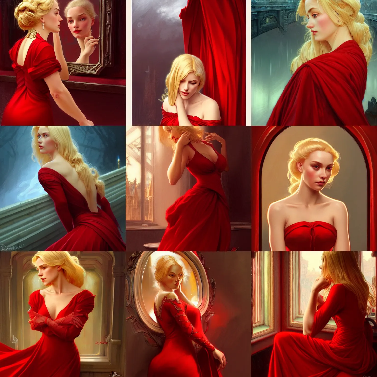 Prompt: beautiful blonde woman in a red dress looking into a cursed mirror, closeup, D&D, fantasy, intricate, elegant, highly detailed, digital painting, artstation, concept art, matte, sharp focus, illustration, art by Artgerm and Greg Rutkowski and Alphonse Mucha