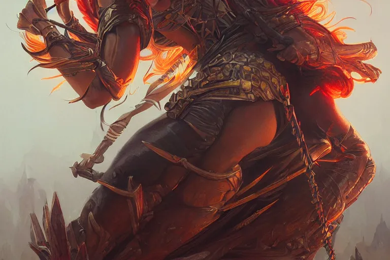 Prompt: An epic fantasy portrait painting of a spider-legged warrior woman with hair spikes, volcano eruption backdrop, illustration, detailed, award-winning, trending on artstation, by artgerm and Greg Rutkowski and Alphonse Mucha