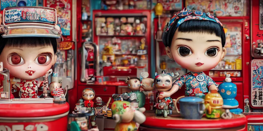 Prompt: closeup portrait of tin toy retro tokyo corner store diorama, depth of field, f 3 2, zeiss lens, detailed, centered, fashion photoshoot, by nicoletta ceccoli, mark ryden, lostfish, breathtaking, 8 k resolution, extremely detailed, beautiful, establishing shot, artistic, hyperrealistic, octane render, - h 8 0 4